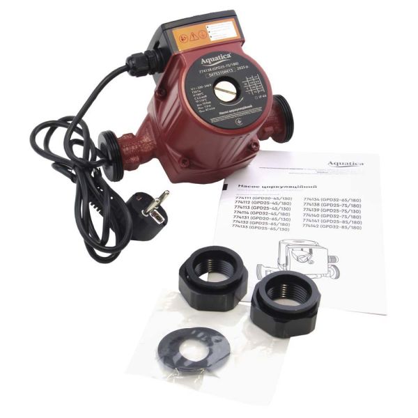 Насос циркуляційний 130Вт Hmax 7м Qmax 87л/хв 1" 180мм+гайки 1" AQUATICA (774138)