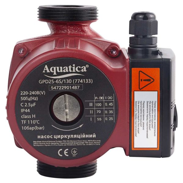 Насос циркуляційний 100Вт Hmax 6м Qmax 75л/хв 1" 130мм+гайки 1" AQUATICA (774133)