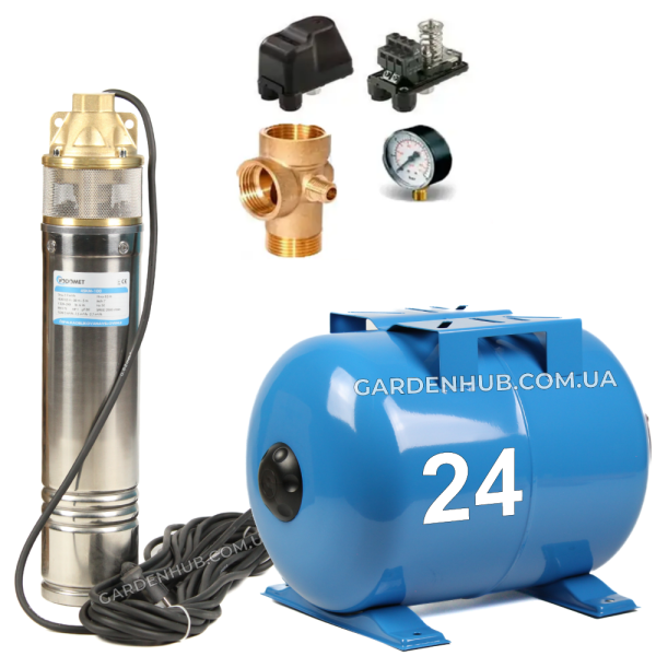 Глибинна насосна станція Кенле 4SKM 100-0,75kW + гідроакумулятор 24 літри
