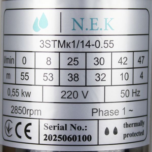 Насос N.E.K 3STMк1/14-0.55кВт, H 55(38)м, Q 47(25)л/хв (10м кабеля) Ø75мм відцентровий, свердловинний, глибинний