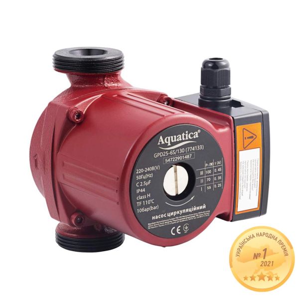 Насос циркуляційний 100Вт Hmax 6м Qmax 75л/хв 1" 130мм+гайки 1" AQUATICA (774133)