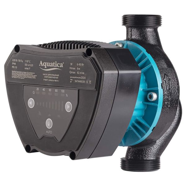 Насос циркуляційний енергозберігаючий 6-90Вт Hmax 6м Qmax 92л/хв Ø1½" 180мм + гайки Ø1" AQUATICA GPA25-6/180 IV (774071)
