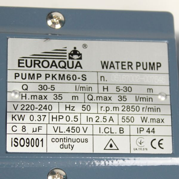 Вихревой насос Euroaqua PKM60-S, 0.37kWh